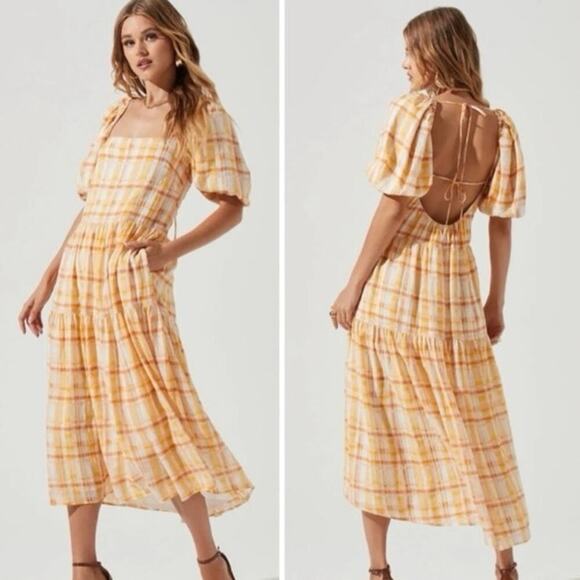 Astr The Label Anthropologie IIana Puff Sleeve Prarie Yellow Plaid Dress - Picture 1 of 17